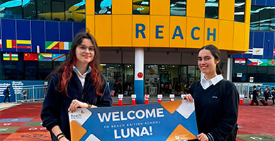 Two students with school uniform welcoming an exchange student named Luna.